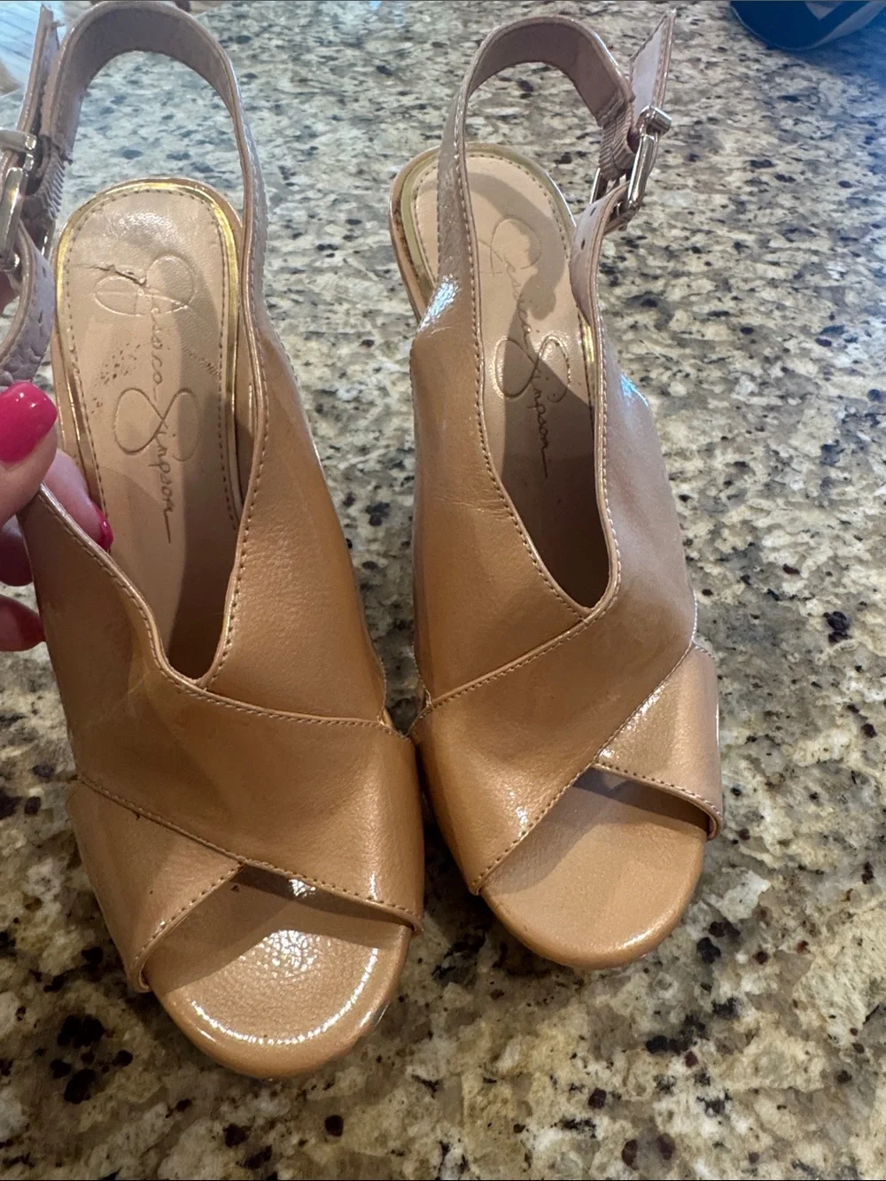 Jessica Simpson Nude/Tan Patent Leather Crisscross Slingback Wedges Size 6 1/2